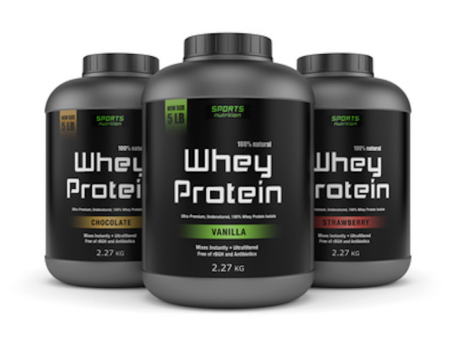 Three whey protein jars isolated on white
